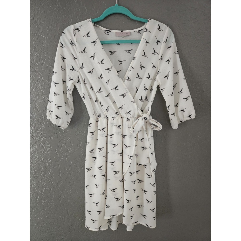 Origami Hummingbird Print Surplice Faux Wrap Dress Cream Black Boho Mini S